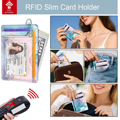 Coco Rossi Slim Front Pocket Wallet Minimalist RFID ID Card Holder Cute Small Wallets with Wrist Lanyards Key Chain Holder for Women, Gradient Marble