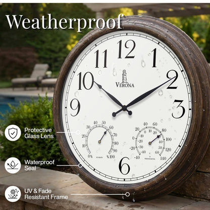 Outdoor Clocks for Patio Large Waterproof with Thermometer - 24 inch Indoor Outdoor Wall Clock with Temperature and Humidity Combo - Weatherproof, Accurate & Easy to Read for Pool, Garden & Home Decor