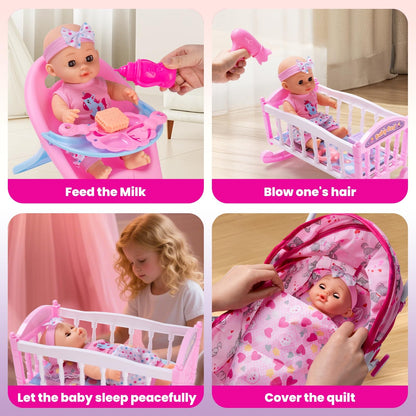 gerleek Baby Doll Stroller Play Set with 12.5" Baby Dolls, 28 Pcs Pretend Role Play Doll Accessories Including Crib, Dining Chair, Doll Clothes, Sunglass, Handbag for Girls Toddlers 3-5 4-6 5-7