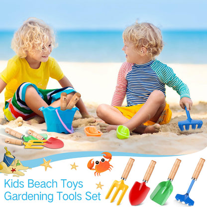 Motionchic 8" Kids Gardening Tools, Metal Beach Sandbox Digging Toys with Wooden Handle, Including Shovel, Rake, Fork and Trowel, Garden Sand Snow Tools for Children Gift Outdoor Gardening(24 Pcs)
