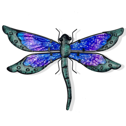 HONGLAND Metal Dragonfly Decor, Dragonfly Outdoor Wall Decor, Metal Wall Art, Wall Sculptures Gifts Hanging Decorations for Garden Yard Home-Blue 14 Inch