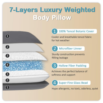 MIOTO Cooling Weighted Body Pillow with Tencel Cover（48" x 14"） 8.5lbs - Quilted Glass Beads Body Pillows for Better Sleep, Weighted Pillow for Adults, Long Pillow for Bed, Ideal Side Sleeper Pillow