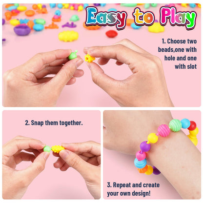 FUNZBO 520+ Snap Pop Beads - Jewelry Making Kit, Arts and Crafts for Kids Ages 4-8, Toys for 3 4 5 6 Years Old Girls Birthday Gifts Ideas, Bracelet Necklace Ring Set for Little Girls