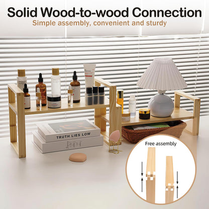 Desk Shelf, 100% Solid Wood Adjustable Desktop Bookshelf, No Tools, Nails or Glue Required for 130lb Load Capacity for Living Room, Office, Books, Cookbooks, Interlocking Joints Nature Pine Color