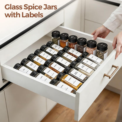 ComSaf Glass Spice Jars with Label, 24Pcs 4oz, 93 Labels, a Metal Funnel, Extra Shaker Lids, Empty Spice Containers and Square Spice Bottles for Kitchen and Seasoning