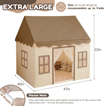 WIRHAO Kids Tent with Padded Mat Playhouse with Large Space for Toddlers Indoor Kids Play Tent for Girls Boys with Stars Lights, Carry Bag, Banner Flag (Brown)