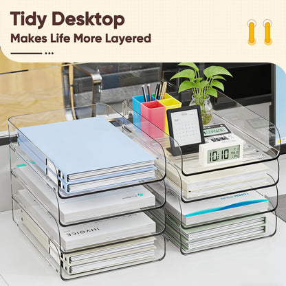 HIYOHIYO Office Acrylic Clear A4 Paper Organizer for Desk, Stackable Office Desk Paper Organizer, Large Capacity Desktop Papers Tray Holder, Organizer for A4 File Folder, 4 Tier Vertical Style