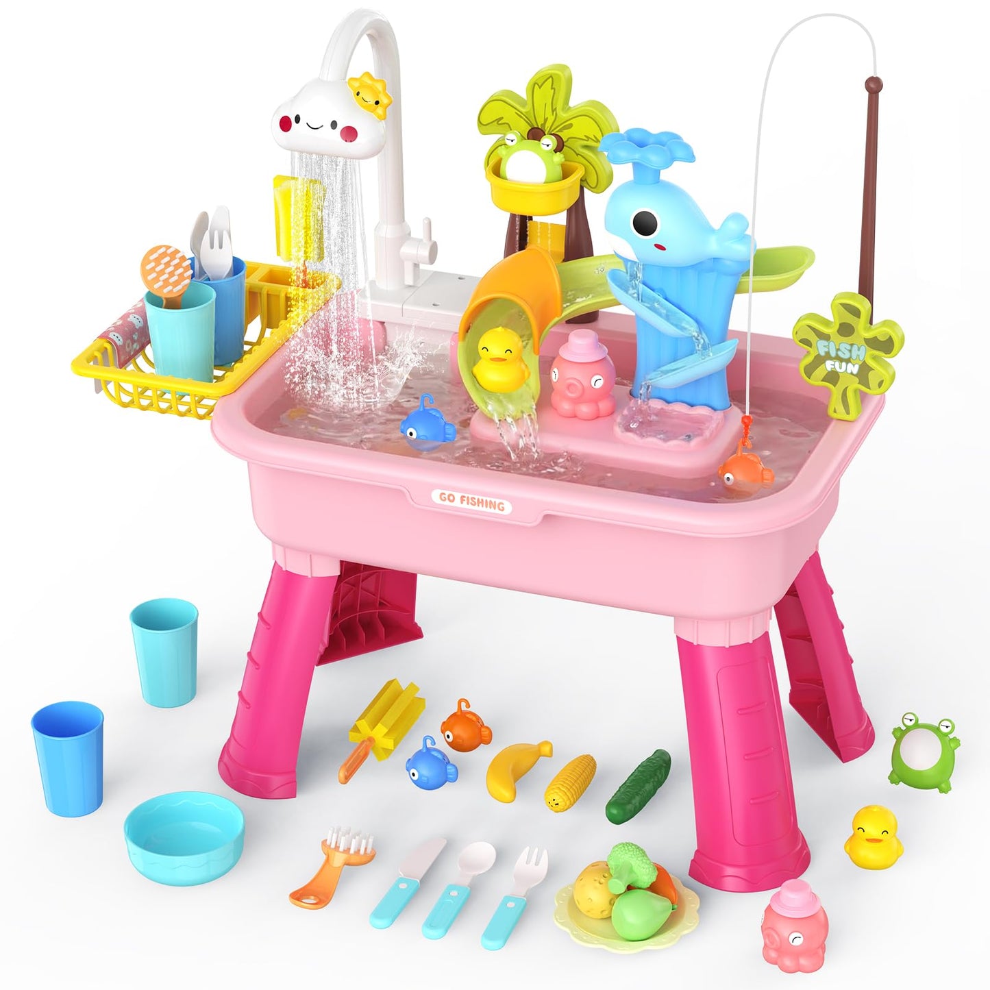 GGRH 2026 Upgraded Water Table for Toddlers 1-3 - Outdoor Toys for Kids Ages 4-8 with Pump, Summer Outside Sensory Activity Pool Toys, Kitchen Play Sink Toy with Running Water, Fishing Toy, Pink
