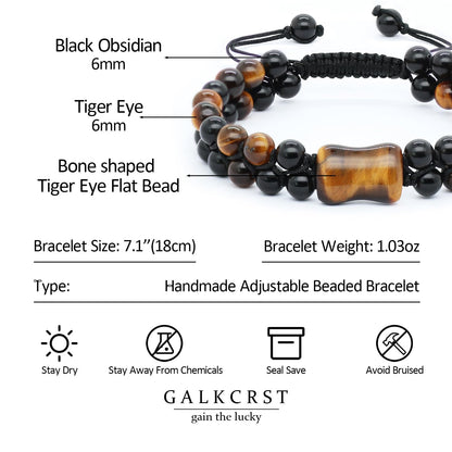 GALKCRST Tiger Eye Black Obsidian Bracelet for Men, Double Layer Natural Stone Beads Bracelet with Bone-Shaped Tiger Eye Focal Bead, Adjustable Braided Cord Triple Healing Crystal Bracelet, Men's Jewelry Gift