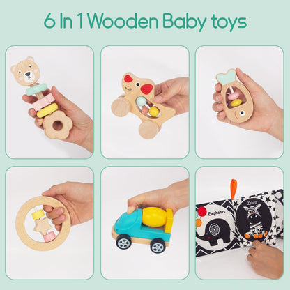 Wooden Baby Toy 6pcs, Montessori Toys for Babies 1-3 Years Old, Wooden Rattles Soft Book Car Toy Set for Infant Grasping, Sensory Development, Gift for Baby Boys Girls