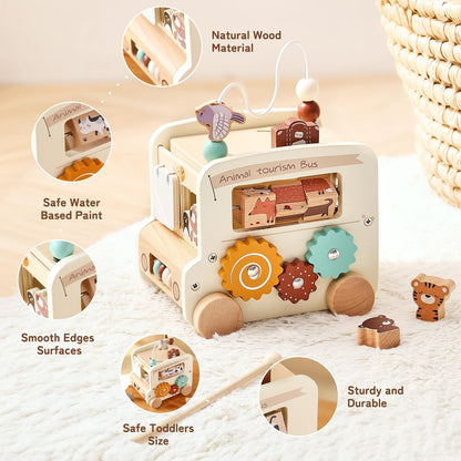 Etucdose Wooden Activity Cube 8-in-1 Montessori Toys | Multifunctional Early Educational Learning Toys | Wooden Toy for Baby Shape Sorter Xylophone Animal Travel Bus Boy Girl Birthday Gift（Beige Bus）