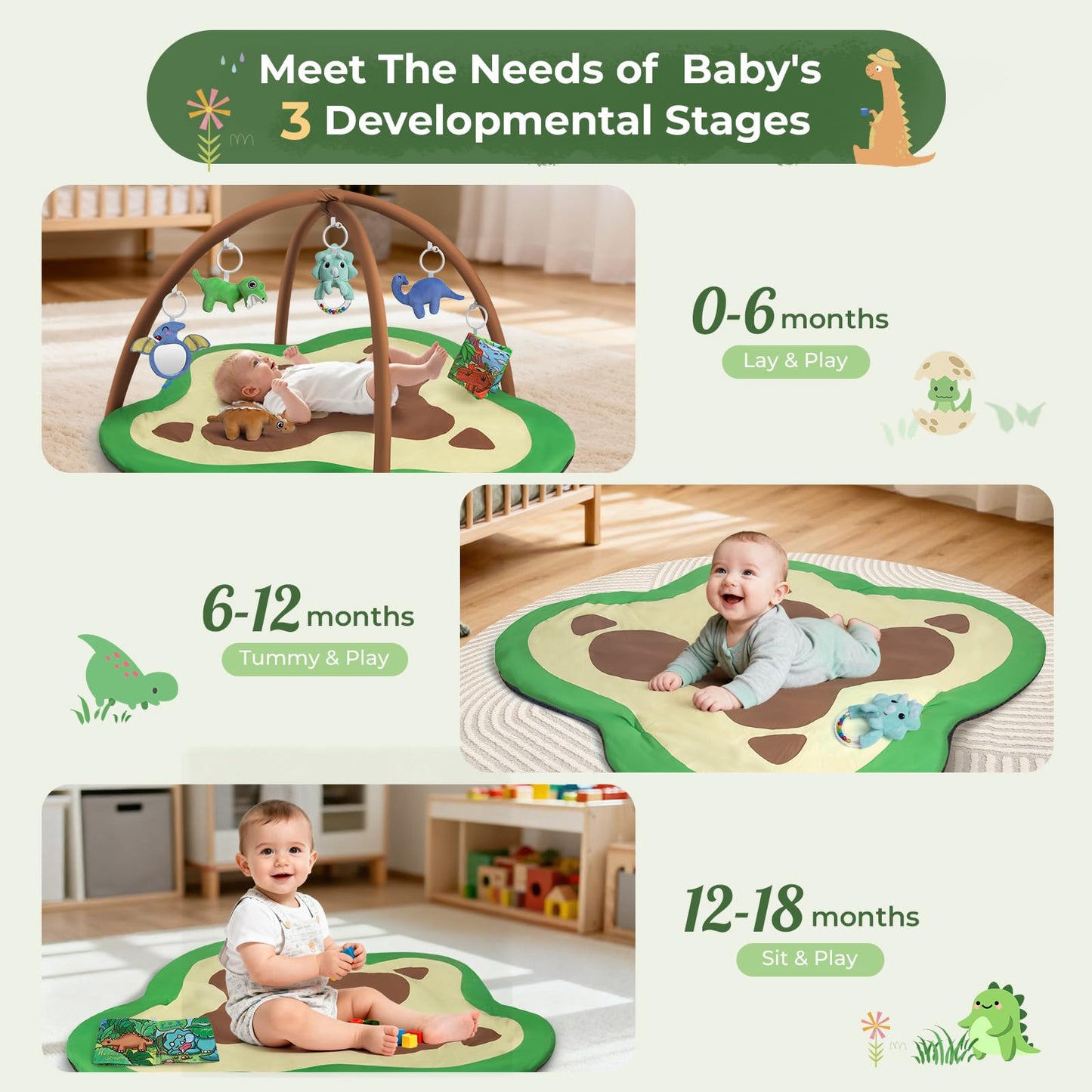 bopopo Baby Gym Play Mat, Oversize Dinosaur Claws Shaped Tummy Time Mat with 6 Detachable Baby Activity Toys, Baby Play Mat Promote Motor Skills & Sensory Development, Newborn Infant Essentials Gift