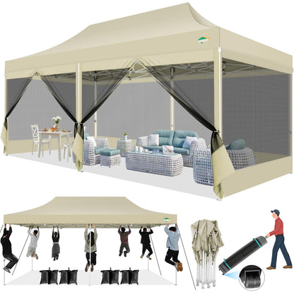 COBIZI 10x20 Canopy Tent with 6 Sidewalls,Heavy Duty Pop up Canopy with Mosquito Netting,Easy up Screen Tent for Parties Wedding Outdoor Patio with Roller Bag,Khaki