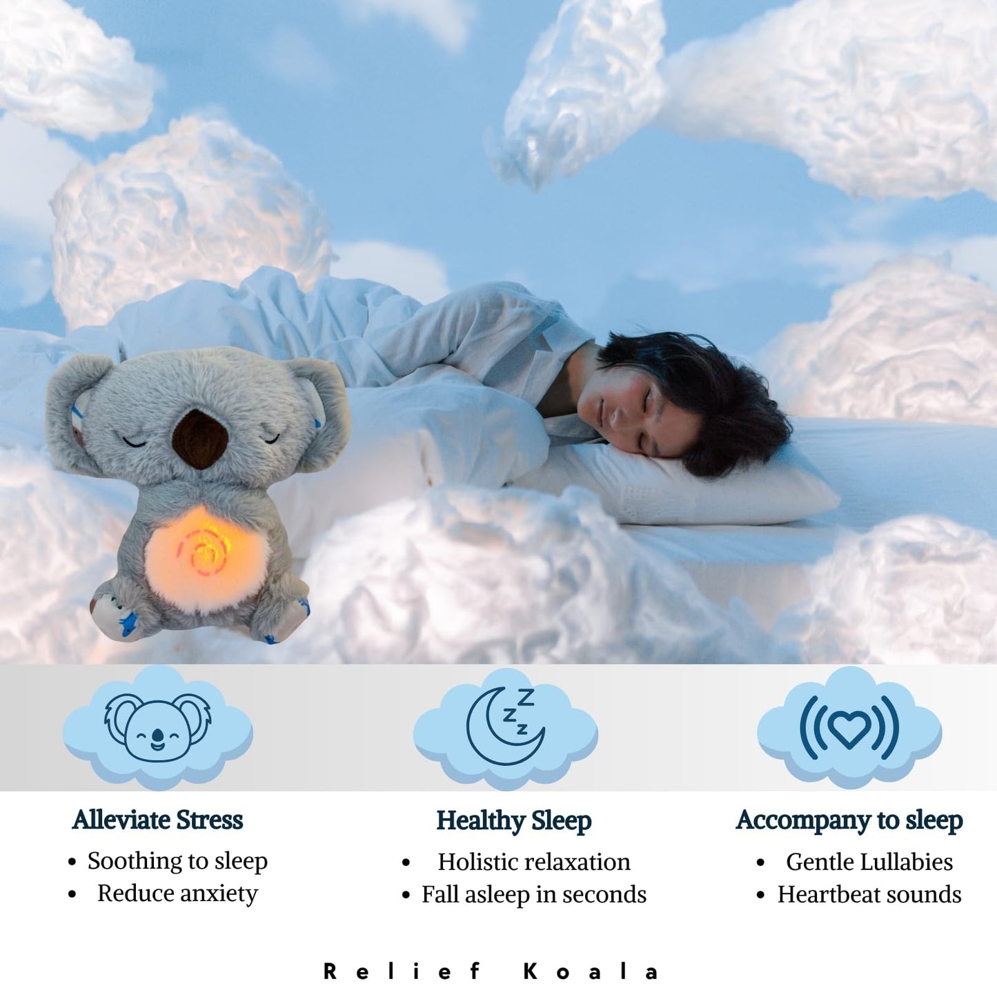 JULIDREAM Anxiety Relief Koala, Breathing Teddy Bear with Calming Music, Lights, Sleeping Otter Plush, Soothing Koala for Adults & Kids, Stress Relief Stuffed Animal (3-Level Adjustable Volume)