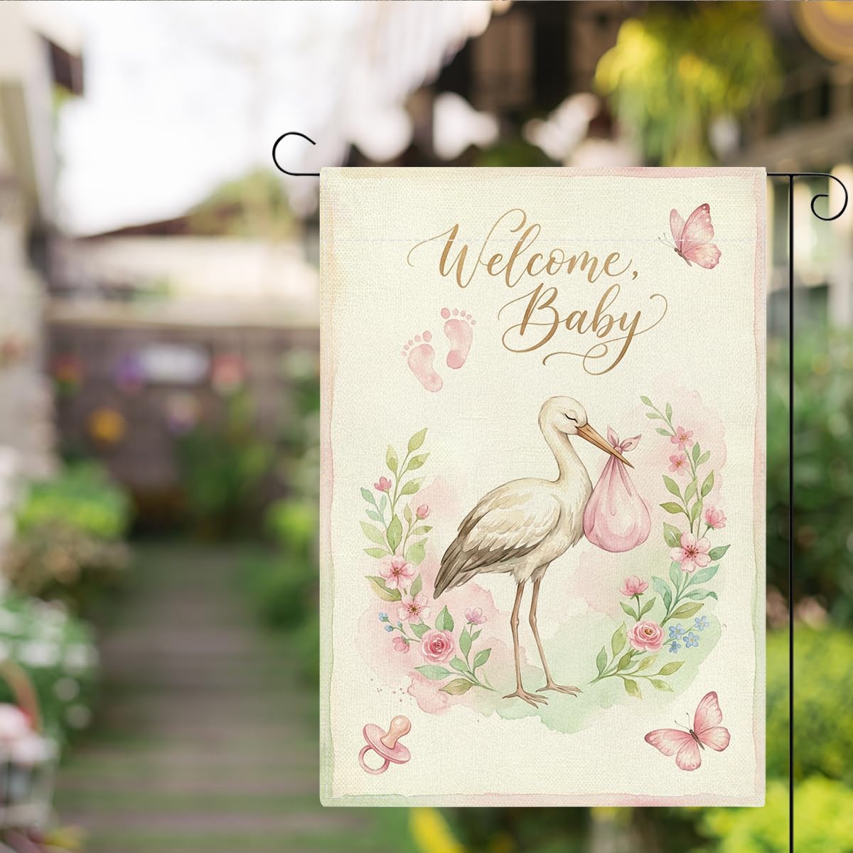 Welcome Home Baby Girl Garden Flag Pink Flroal Its A Girl Announcement Yard Decor Sign Small Double Sided Burlap Gender Reveal Newborn Baby Shower Garden Flag for Outside Yard 12 x 18 Inch