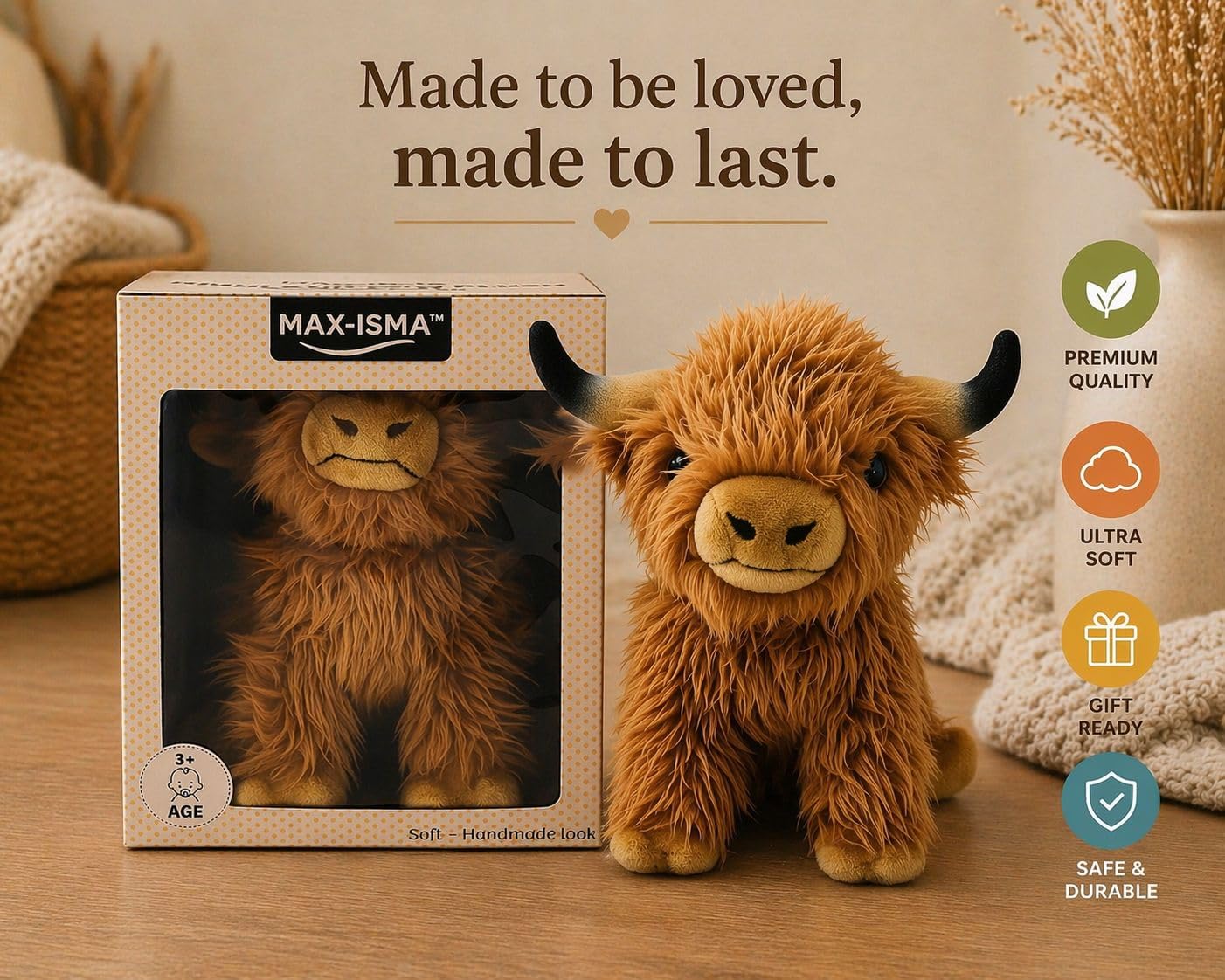 MAX-ISMA Highland Cow Plush – Big Stuffed Animal for Kids – Cute Fluffy Brown Highland Cattle Plushie Toy – Soft Realistic Plush Gift for Girls & Boys