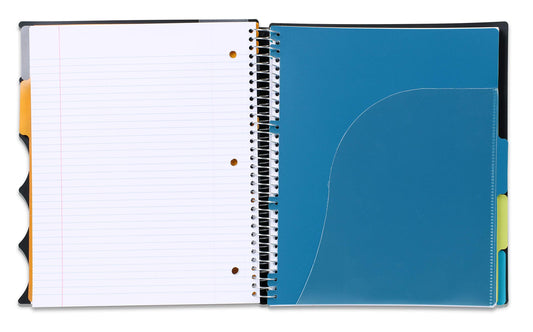 Mintra Office Durable PREMIUM Spiral Notebook, ((Black, 5 Subject, 8.5in x 11in)), Fabric Covered Coils, No Snags, Removable Adjustable Pocket Dividers, Ruler, Organization, Customizable
