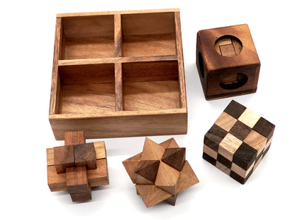BSIRI Wooden Puzzle Box Set (4 Games) - Challenging Brain Teasers 3D Puzzles for Adults Interlocking Games for IQ Test Ideal for Rustic Patio Decor Unique Gift for Christmas and Birthdays