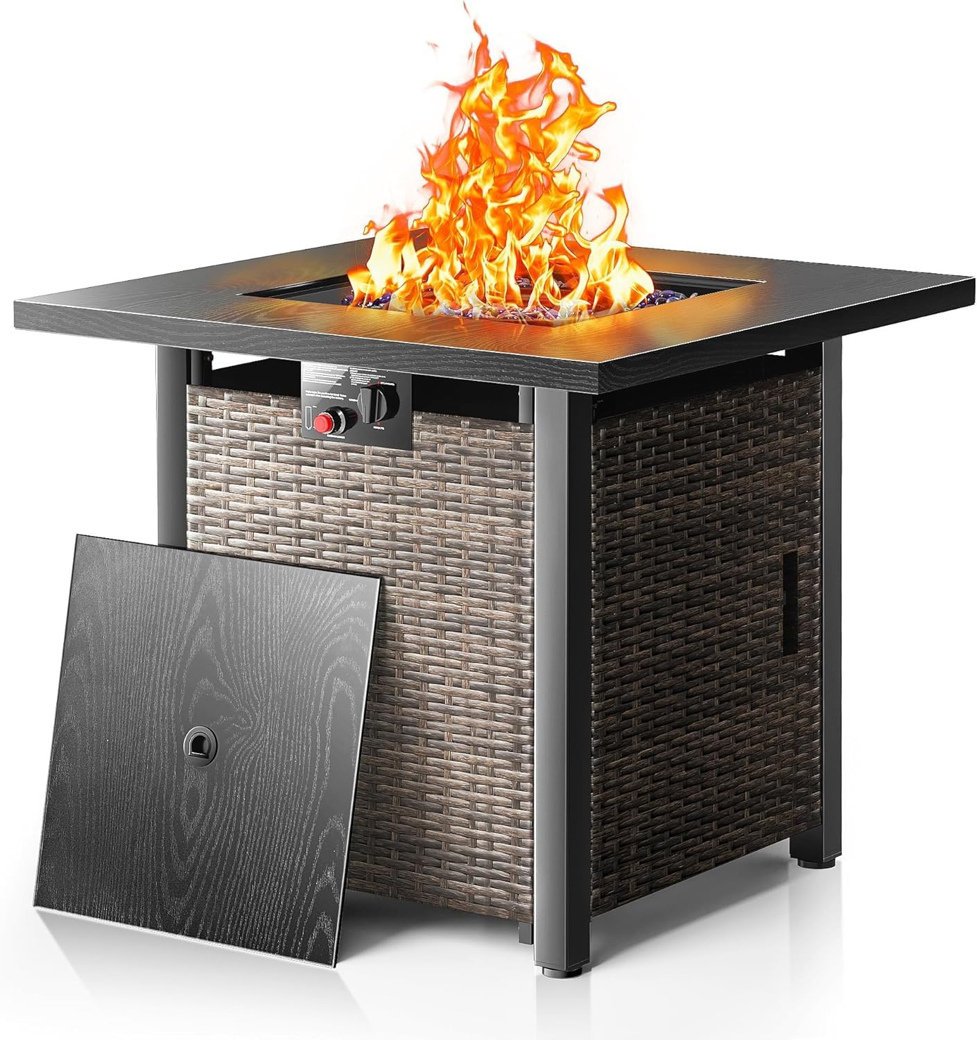 28 Inch Outdoor Propane Fire Pit Table, 50000 BTU Square Rattan Propane Fire Pit with Steel Tabletop & Removable Lid, 4-in-1 Gas FirePit Table with Glass Stones for Patio, Backyard