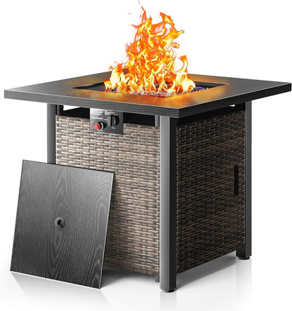 28 Inch Outdoor Propane Fire Pit Table, 50000 BTU Square Rattan Propane Fire Pit with Steel Tabletop & Removable Lid, 4-in-1 Gas FirePit Table with Glass Stones for Patio, Backyard