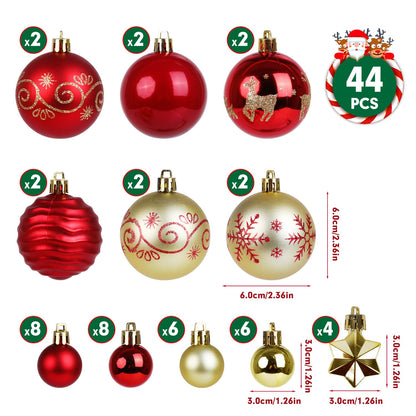 SULOLI Christmas Balls Ornaments Set, 44 Pcs Xmas Shatterproof Plastic Baubles Hanging Balls for Christmas Tree Holiday Party Wedding Decoration (Red & Gold)