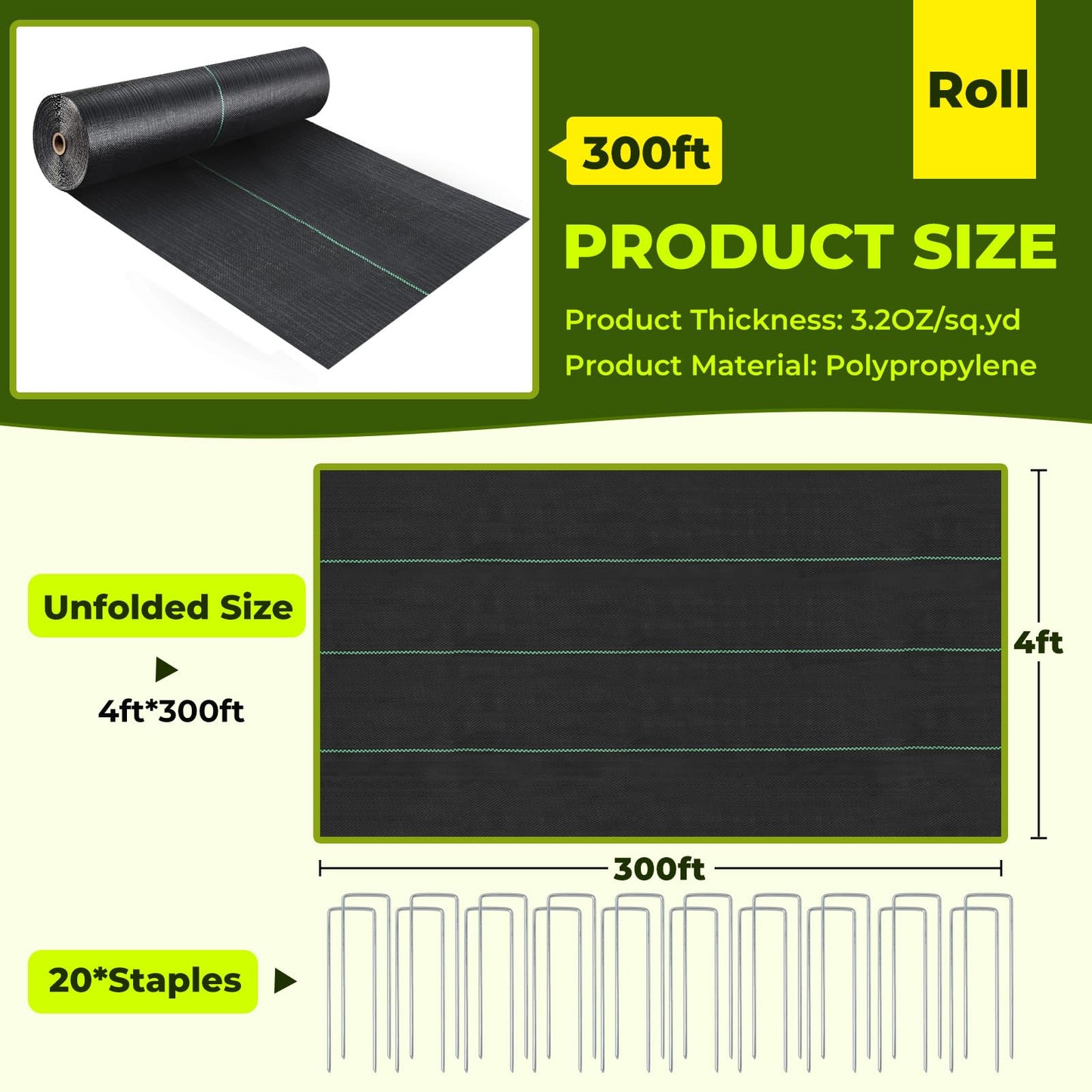 PALATALA 4ft x 300ft Weed Barrier Landscape Fabric, 3.2oz Heavy Duty Woven Geotextile Fabric, Block Gardening Mat Ground Cover, Weed Control Garden Cloth for Gardening Ground, Landscaping, Driveway