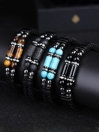 Mrcaois Leather Bracelet Tiger Eye Stone Braided Woven Multi‑Layer Wristband Cuff Bracelets Steel Clasp Bangle for Men Gifts