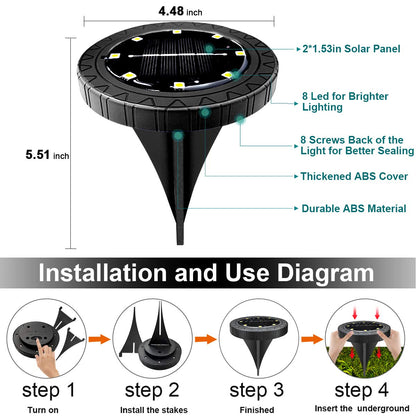 Solar Powered 8 Pack Outdoor LED Disk Lights - IP68 Waterproof, Non-Slip, Wear-Resistant Pathway Lights (Warm White)