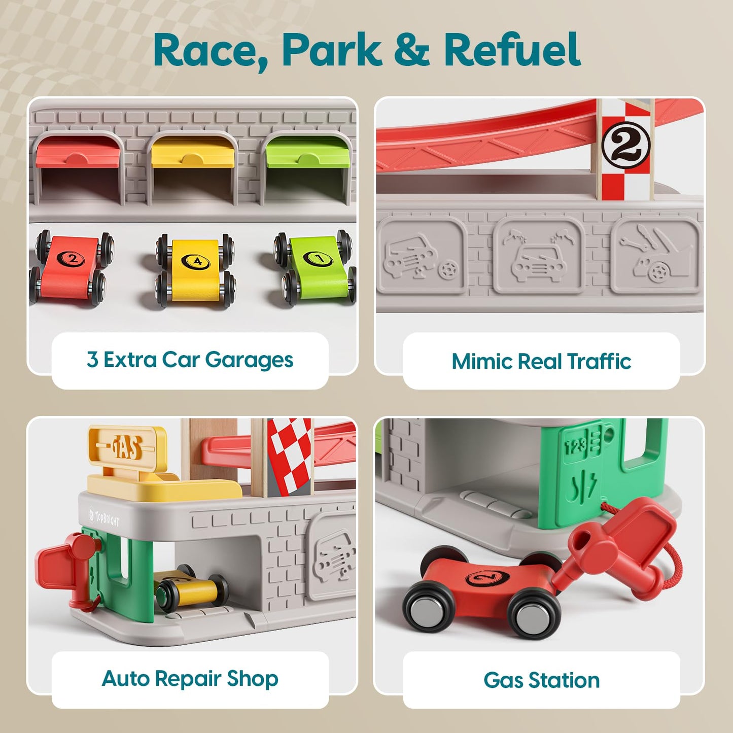 TOP BRIGHT Car Ramp Toys, Race Track Car Toy for Toddler Age 2-4 Year Old Boy with 4 Cars, Parking Lot & Gas Station, Toddler Montessori Toys and Birthday for Boys and Girls