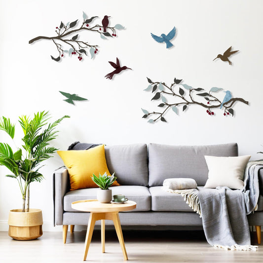 4PCS Metal Birds Wall Decor, Birds on the Branch Silhouette Art, Metal Leaves with Hummingbirds Outdoor Art Hanging Wall Sculpture for Home Office Balcony Garden Decor.（Colorful,Hummingbirds）
