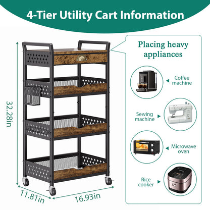 XYZLVSI 4 Tier Rolling Utility Cart Organizer with Removable Drawer, Small Coffee Stand Station with Wheels, Metal Craft Storage Cart for Living Room, Entryway, Bathroom, Office, Makeup