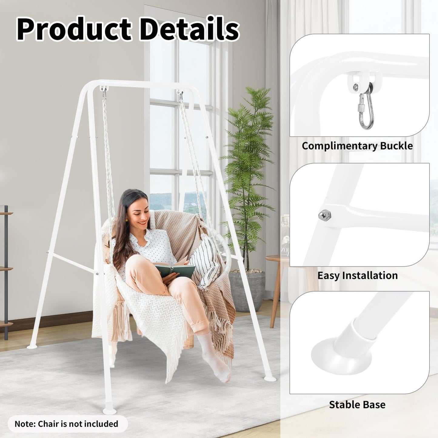 AUTOKAKUM Hammock Chair Stand, Heavy-Duty A-Frame Metal Swing Stand for Indoor and Outdoor, Suitable for Most Hanging Chairs, Easy to Assemble & Store, Hammock Chair not Included (White)