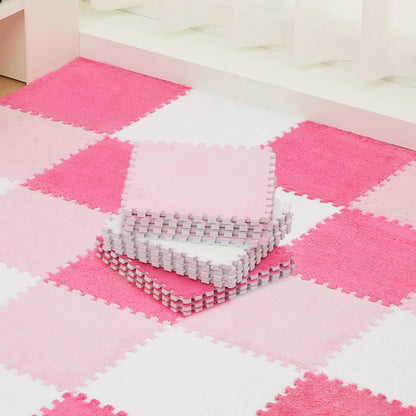 Amylove 72 Pieces Plush Foam Floor Mat Square Interlocking Carpet Tiles with Border 12 x 12 x 0.4 in Fluffy Play Mat Floor Tiles Soft Climbing Area Rugs for Home Playroom(White, Pink, Rose Red)