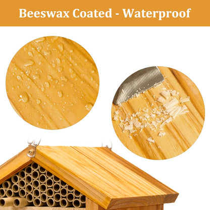 Mason Bee House -Wax Coated Mason House for The Garden, Natural Handmade Wooden Waterproof Mason Home, Attracts Peaceful Bee Pollinators,Native Mason Bee Habitat