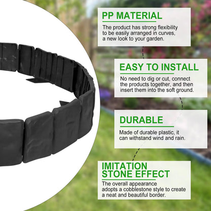 Garden Edging Border NO DIG, with Landscape Edging Anchoring Spikes, Black Stone Effect Plastic Lawn Edging Fencing, Interlocking Yard Lawn Edging for Flower Bed | 32 Ft | 40Pcs | Black |