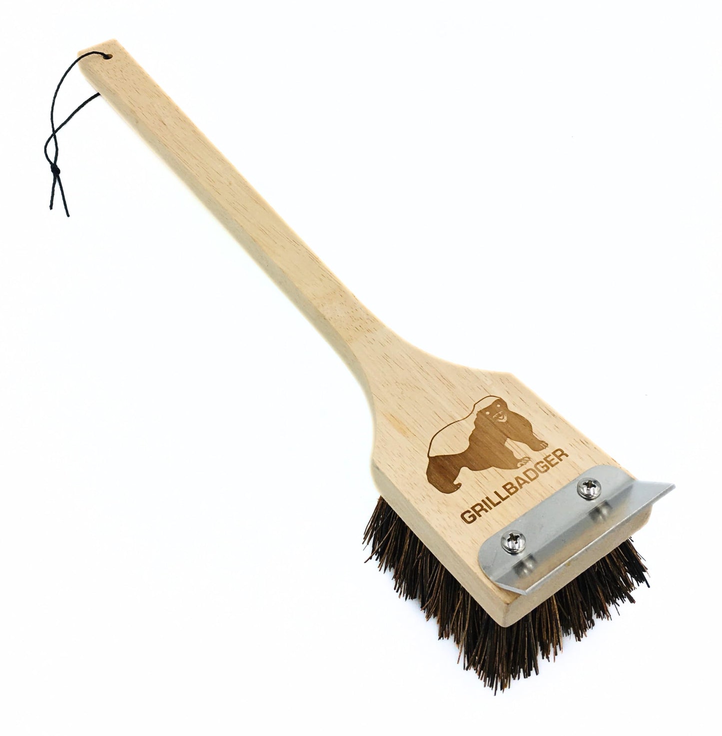 Grillbadger The Original Non Metal Grill Brush for Outdoor Grill | High Temp Heat Resistant BBQ Cleaning Brush | Long Lasting Wooden BBQ Cleaner with Scraper, Safe for Cast Iron Grates - Natural Wood