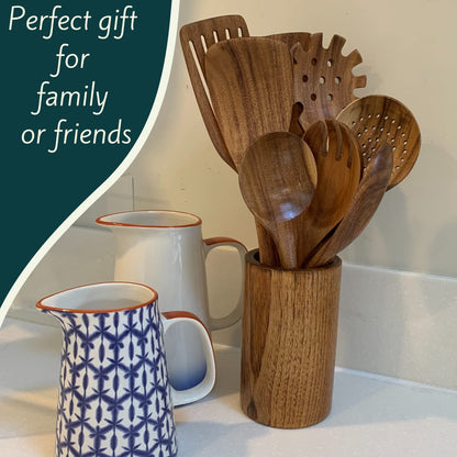 BaraBara Kitchen Utensils Set, Wooden Holder, Spoon Rest and Hooks, Kitchen Wooden Utensils, 100% Natural Teak Wooden Kitchen Utensil
