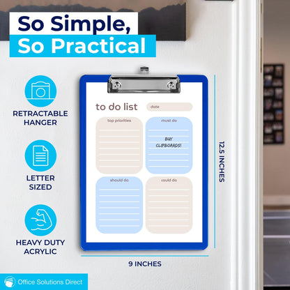Blue Plastic Clipboard with Low Profile Clip (Pack of 6) - Letter Size Clip Board Blue with Flat Clip, A4 Size Acrylic Clipboard for Boys and Girls | Cute Aesthetic College & Back to School Supplies