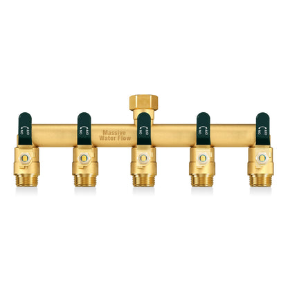 5 Way Hose Splitter, Heavy Duty Full Flow Garden Hose Splitter with 5 Large Metal Handles, Brass Water Hose Bib Splitter, T Adapter Connector with 3/4 - Inch GHT Thread (Green)
