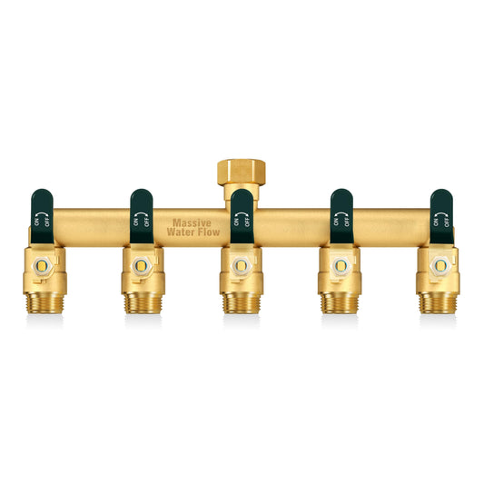 5 Way Hose Splitter, Heavy Duty Full Flow Garden Hose Splitter with 5 Large Metal Handles, Brass Water Hose Bib Splitter, T Adapter Connector with 3/4 - Inch GHT Thread (Green)