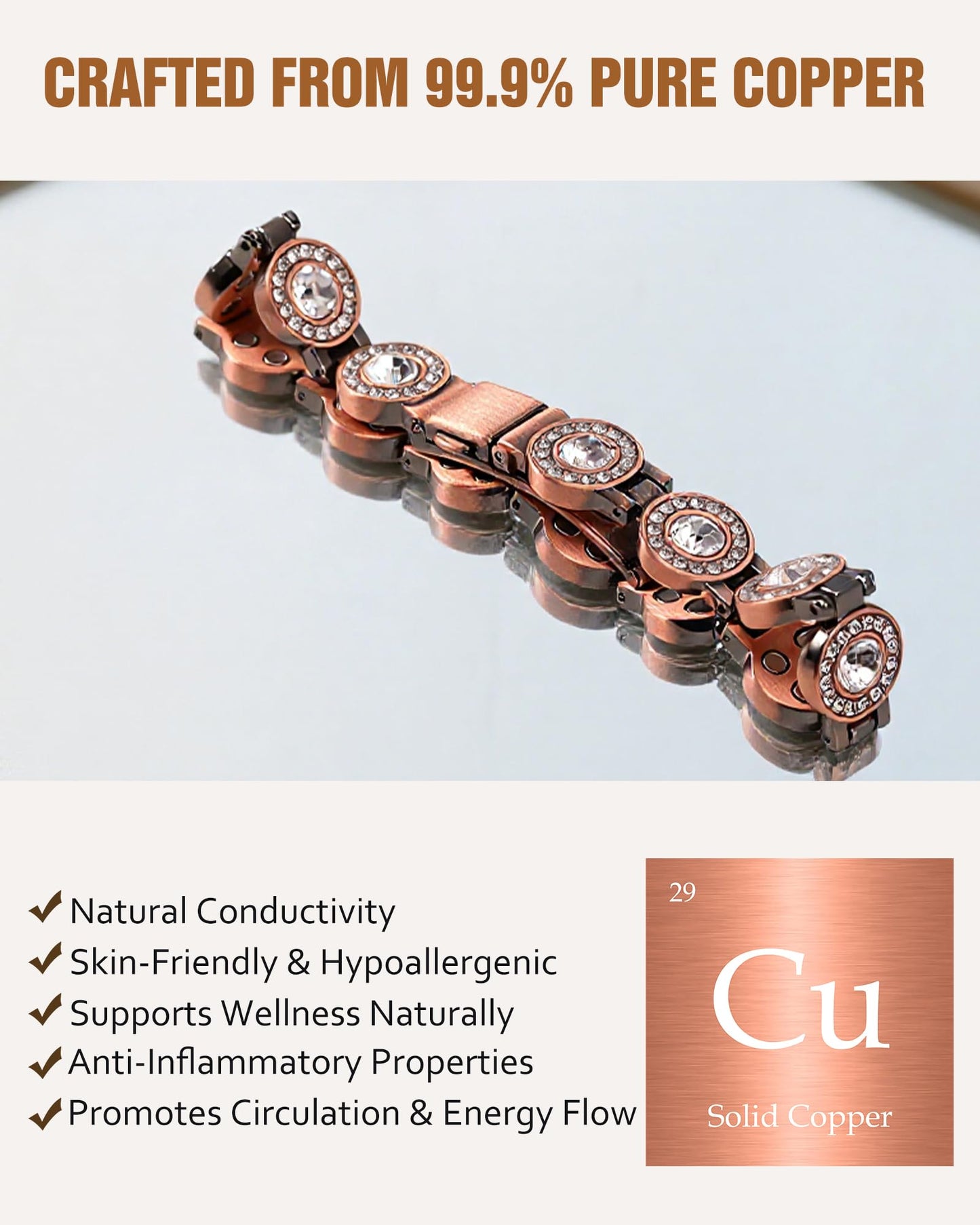 Jecanori Brilliant Crystals Copper Bracelet for Women, 4X Strength Magnetic Therapy Bracelet with 3800 Gauss Neodymium Magnets, Adjustable Pure Copper Jewelry Gift