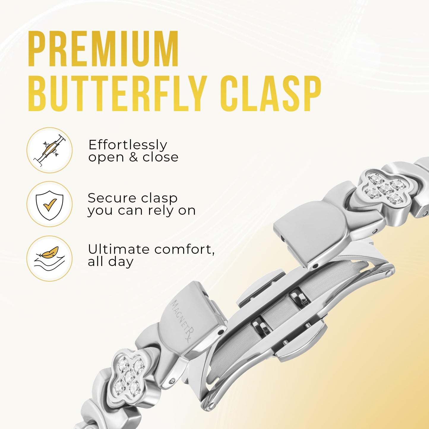MagnetRX® Magnetic Bracelets for Women — Premium Four Leaf Clover Bracelet with Crystals and Ultra Strength Magnets — Adjustable Womens Magnetic Bracelet with Sizing Tool (Silver)