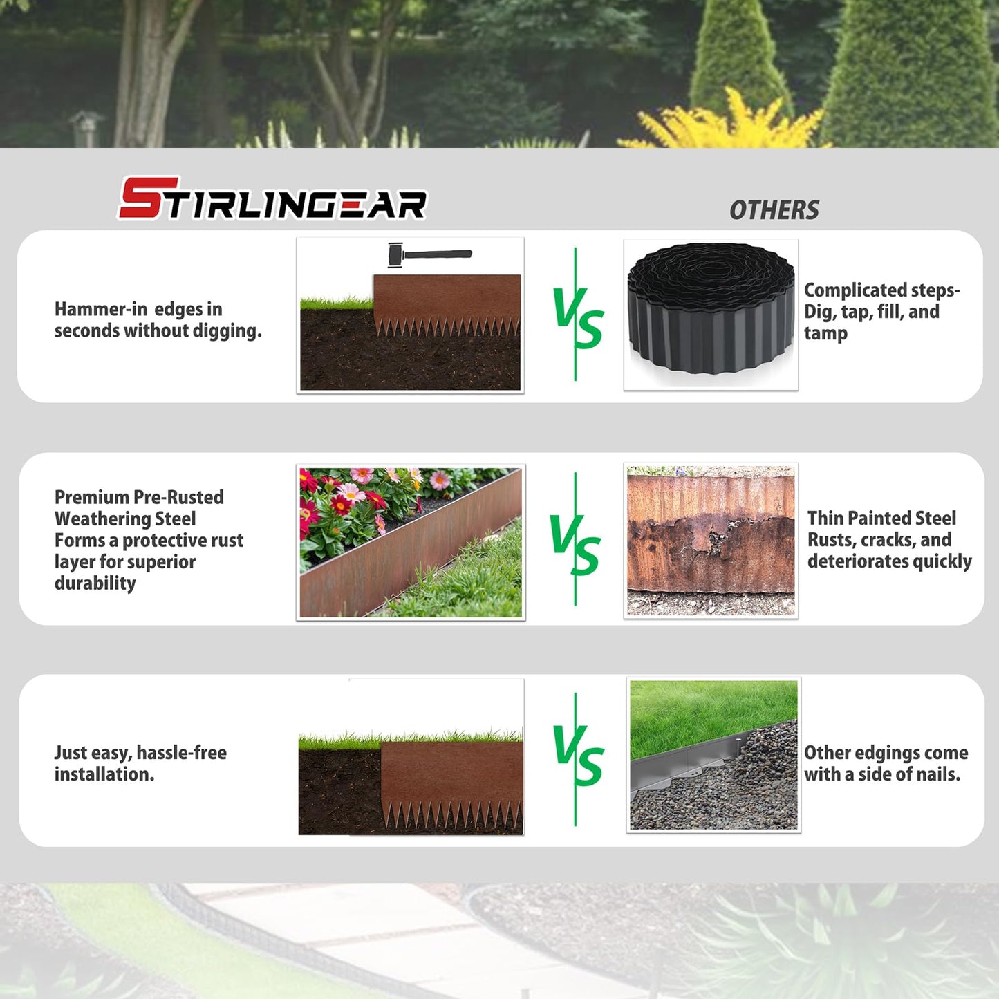 20ft. 6-Pack Cor-Ten Steel Landscape Edging - 40" L x 8" H Lawn Edging with 6 Stakes, Hammer-in Metal Garden Border for Landscaping, Lawn & Yard (Rusted)