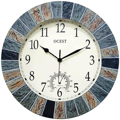 OCEST 13 Inch Large Outdoor Indoor Clock, Waterproof Wall Clock with Thermometer, Weather-Resistant Non-Ticking Battery Operated Decor for Patio, Pool, Lanai, Fence, Porch, Garden（Brown）