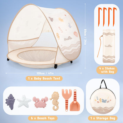 Baby Beach Tent with Pool – Dreamon Pop Up Shelter UV Protection for Infant, Foldable Kids Play Tent with Beach Toys Set and Carry Bag, Summer Outdoor Use Portable Baby Beach Essentials