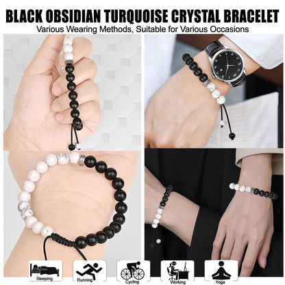 Black Obsidian White Stone Protection Bracelets, Black Obsidian Agate Men Women Crystal Bead Bracelet for Courage, Money Wealth Prosperity Handmade Good Luck Energy White Quartz Stone Bracelets