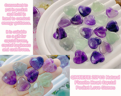 QINJIEJIE 20 PCS Fluorite Heart Healing Crystals Natural Polished Crystal Worry Stones Chakra Mini Cute Palm Love Gemstones Set Bulk Wholesale Reiki Energy Balancing Meditation Valentine's Day Gift