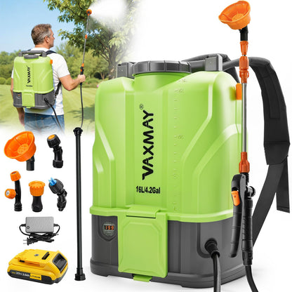 VAXMAY Battery Powered Backpack Sprayer 4.2 Gallon, 120 PSI Electric Garden Sprayer Compatible with DeWalt 20V Battery, Weed Yard Sprayer with 2 Wands, 5 Nozzles, 2.6 Ah Battery & Charger Included