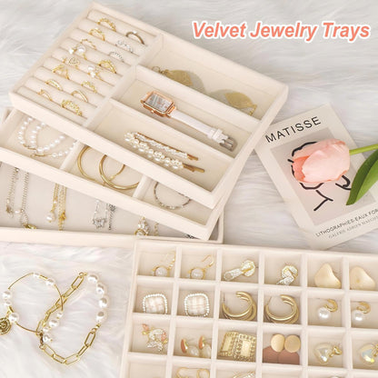 Cirhy Velvet Jewelry Drawer Organizer Trays – Stackable Jewelry Trays for Drawers, Set of 4 Jewelry Organizer for Drawer Inserts, Display Storage Box for Earrings, Rings, Necklaces, Bracelets