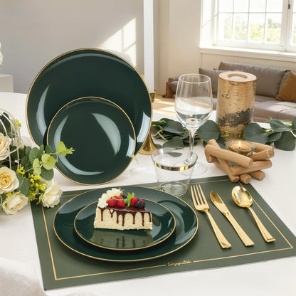 WDF 300Pcs Green Plates Disposable - Heavy Duty Green Plates - 50Guest Green Plastic Dinnerware Include 50 Dinner Plate, 50 Dessert Plate, 150 Cutlery & 50 9oz Cups for Parties/Wedding/Party
